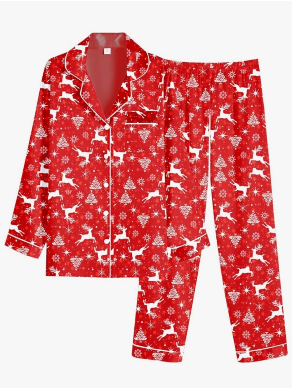 EKOUAER Satin Pajama Set Holiday Reindeer Red and White Button Down Size 2X